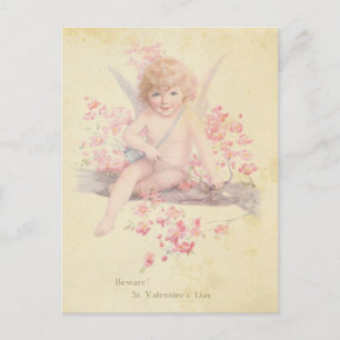 Vintage Valentine's Day Cupid Pink Blossom Tree Feestdagenkaart