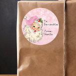 Vintage van de kerstman tot de kinderkerstroze ronde sticker<br><div class="desc">Dit ontwerp kan op het gebied worden gepersonaliseerd dat door de foto en/of tekst te veranderen wordt verstrekt. Of het kan worden aangepast door te klikken deze Sjabloon personaliseert en dan de klik te kiezen om verdere optie aan te passen en de kleur van de achtergrond te schrappen of te...</div>