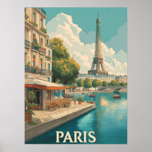 Vintage van Parijs: Eiffeltoren & Seine Café Poster