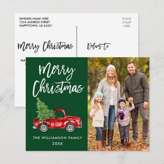 Vintage van penseelscript Vrachtwagen - Kerstgroen Briefkaart (Voorkant / Achterkant)