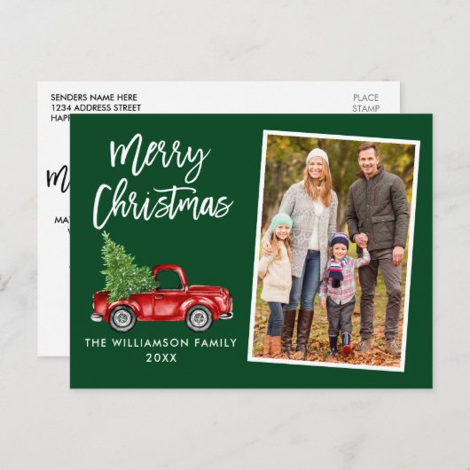 Vintage van penseelscript Vrachtwagen - Kerstgroen Briefkaart (Voorkant / Achterkant)