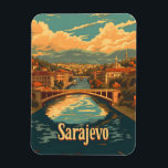 Vintage van Sarajevo Magneet<br><div class="desc">Een nostalgische en tot de verbeelding sprekende voorstelling van Sarajevo, de hoofdstad van Bosnië en Herzegovina, met nadruk op de rijke geschiedenis en diverse culturele invloeden. Het ontwerp toont de iconische bezienswaardigheden van de stad, de bruisende straten en een mix van Ottomaanse en Oostenrijks-Hongaarse architectuur, allemaal weergegeven in een stijl....</div>