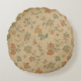 Vintage Verbrand Oranje en Saliegroen Bloemmotief Rond Kussen