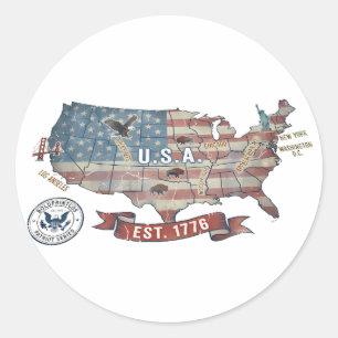 Vintage Verenigde Staten Kaart - Amerikaanse Patri Ronde Sticker