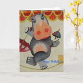 Vintage Verjaardag Hippo Kaart (Gele Bloem)