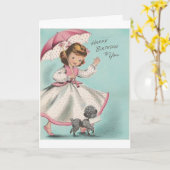 Vintage - Verjaardagsmeisje met Poodle, Kaart (Gele Bloem)