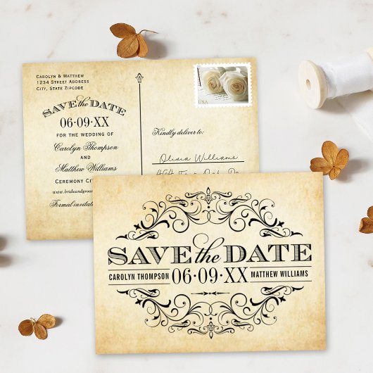 Vintage verouderde papier scrollwerk save the date