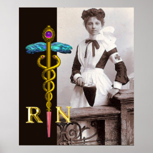 VINTAGE VERPLEEGSTER en Gouden Caduceus NR Embleem Poster
