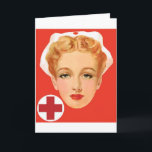 Vintage Verpleegster Kaart<br><div class="desc">Rood en wit ontwerp. Vintage illustratie van een blonde verpleegster met het oude witte pet. Rode achtergrond en rood kruis bij de verlaten bodem.</div>