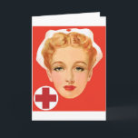 Vintage Verpleegster Kaart<br><div class="desc">Rood en wit ontwerp. Vintage illustratie van een blonde verpleegster met het oude witte pet. Rode achtergrond en rood kruis bij de verlaten bodem.</div>