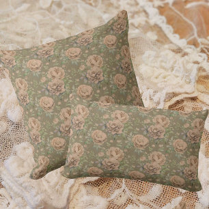 Vintage vervaagde perzikroze rozen stoffig groen kussen
