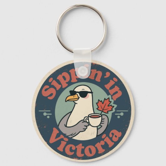 Vintage Victoria BC Coffee & Seagull Sleutelhanger (Voorkant)