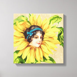 Vintage Victoriaans Dame Summer Sunflower With Canvas Afdruk
