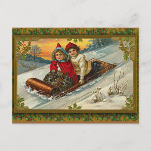 Vintage Victoriaans Illustratie Sledding op Feestdagenkaart