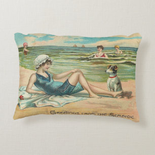 Vintage Victoriaans meisje en hond Zeezijde antiek Accent Kussen