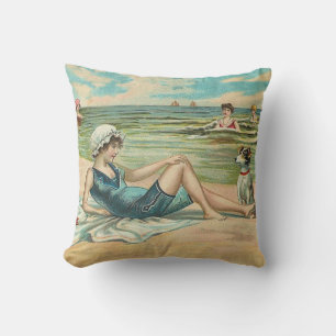Vintage Victoriaans meisje en hond Zeezijde antiek Kussen