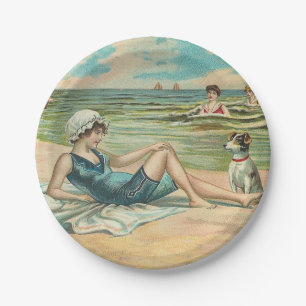 Vintage Victoriaans meisje en hond Zeezijde antiek Papieren Bordje
