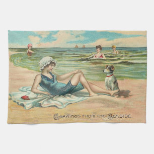 Vintage Victoriaans meisje en hond Zeezijde antiek Theedoek