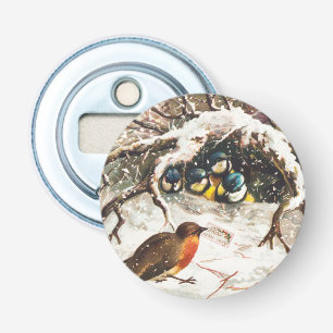 Vintage Victoriaans tijdperk kerstkaart, Vogels Button Flesopener