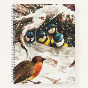 Vintage Victoriaans tijdperk kerstkaart, Vogels Notitieboek