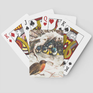 Vintage Victoriaans tijdperk kerstkaart, Vogels Pokerkaarten