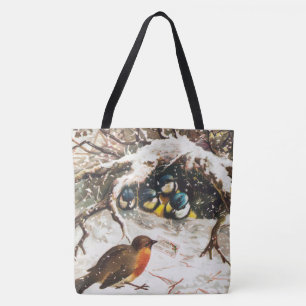Vintage Victoriaans tijdperk kerstkaart, Vogels Tote Bag