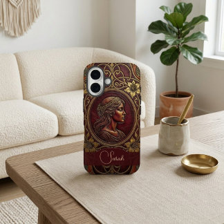 Vintage Victoriaanse Dame Burgundy Wijn Leer Chic  iPhone 16 Hoesje