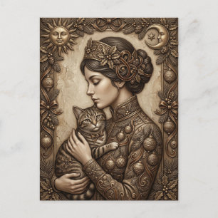 Vintage Victoriaanse Kerst Dame met Kat Elegant  Briefkaart