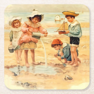 Vintage Victoriaanse Kinderen Aan Het Strand Fijne Kartonnen Onderzetters