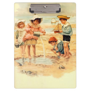Vintage Victoriaanse Kinderen Aan Het Strand Fijne Klembord