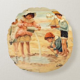 Vintage Victoriaanse Kinderen Aan Het Strand Fijne Rond Kussen