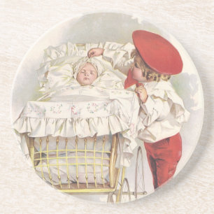 Vintage Victoriaanse kinderen, kind en baby in kin Zandsteen Onderzetter