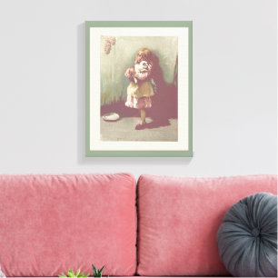 Vintage Victoriaanse kunst Pretty Girl met Kitten Canvas Afdruk