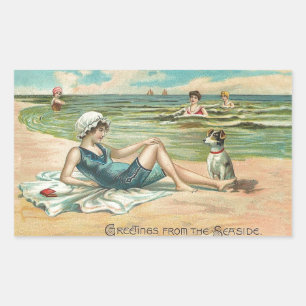 Vintage Victoriaanse meisje en hond Zeezijde antie Rechthoekige Sticker