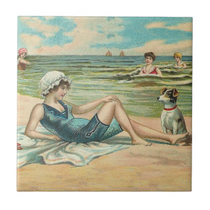 Vintage Victoriaanse meisje en hond Zeezijde antie Tegeltje
