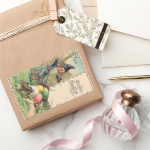 Vintage Victoriaanse Pasen groeten met Gnome Rechthoekige Sticker