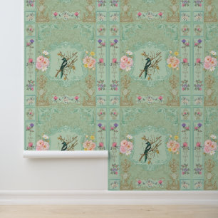 Vintage Victoriaanse Pastel Bloemrijke Rococo Schi Behang