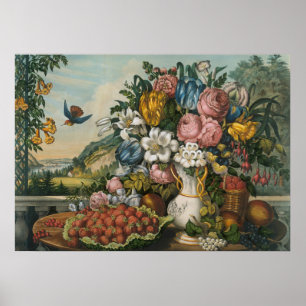 Vintage Victoriaanse Stillevens met Bloemen en Fru Poster