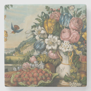 Vintage Victoriaanse Stillevens met Bloemen en Fru Stenen Onderzetter