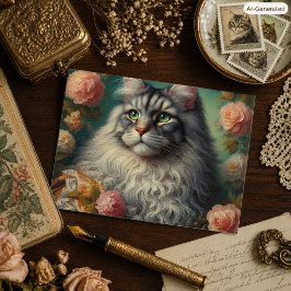 Vintage Victoriaanse zilveren Maine Coon kat  Briefkaart