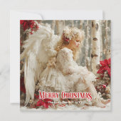 Vintage victorian angel red poinsettias festive  feestdagenkaart (Voorkant)