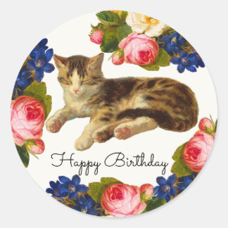 Vintage Victorian Cat Nap Floral Happy Birthday Ronde Sticker