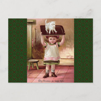 Vintage Victorian Christmas Cat on Tea Tray 1880s Feestdagenkaart