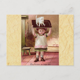 Vintage Victorian Christmas Cat on Tea Tray 1880s Feestdagenkaart