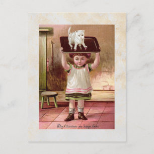 Vintage Victorian Christmas Cat on Tea Tray 1880s Feestdagenkaart