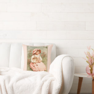 Vintage Victorian Girl with Doll Butterflies Pink Kussen