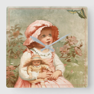 Vintage Victorian Girl with Doll Butterflies Pink Vierkante Klok