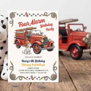 Vintage Vier Alarm Brandweerwagen 4e Verjaardag Kaart