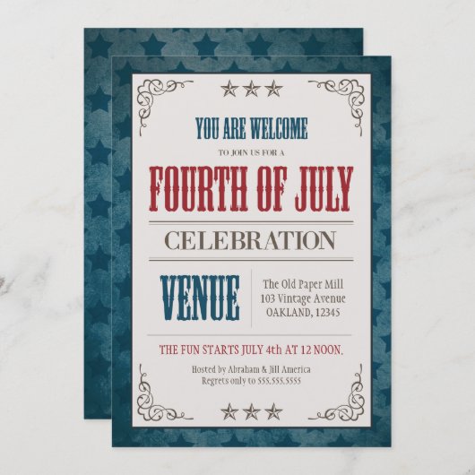 Vintage Vierde verjaardag juli Kaart (Voorkant / Achterkant)