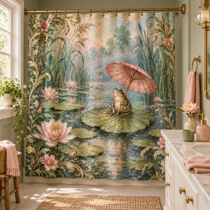 Vintage Vijver Kikker met Roze Parasol Douchegordijn